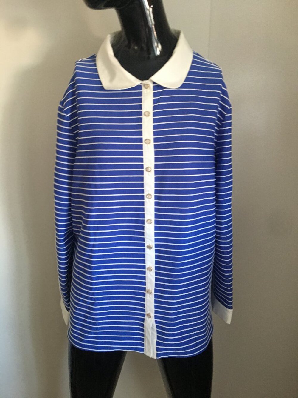 Sara Campbell royal blue white striped french cuff knit top